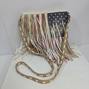 Steve Madden Crossbody Bag Womens American Flag Fringe Boho Western Tan Festival